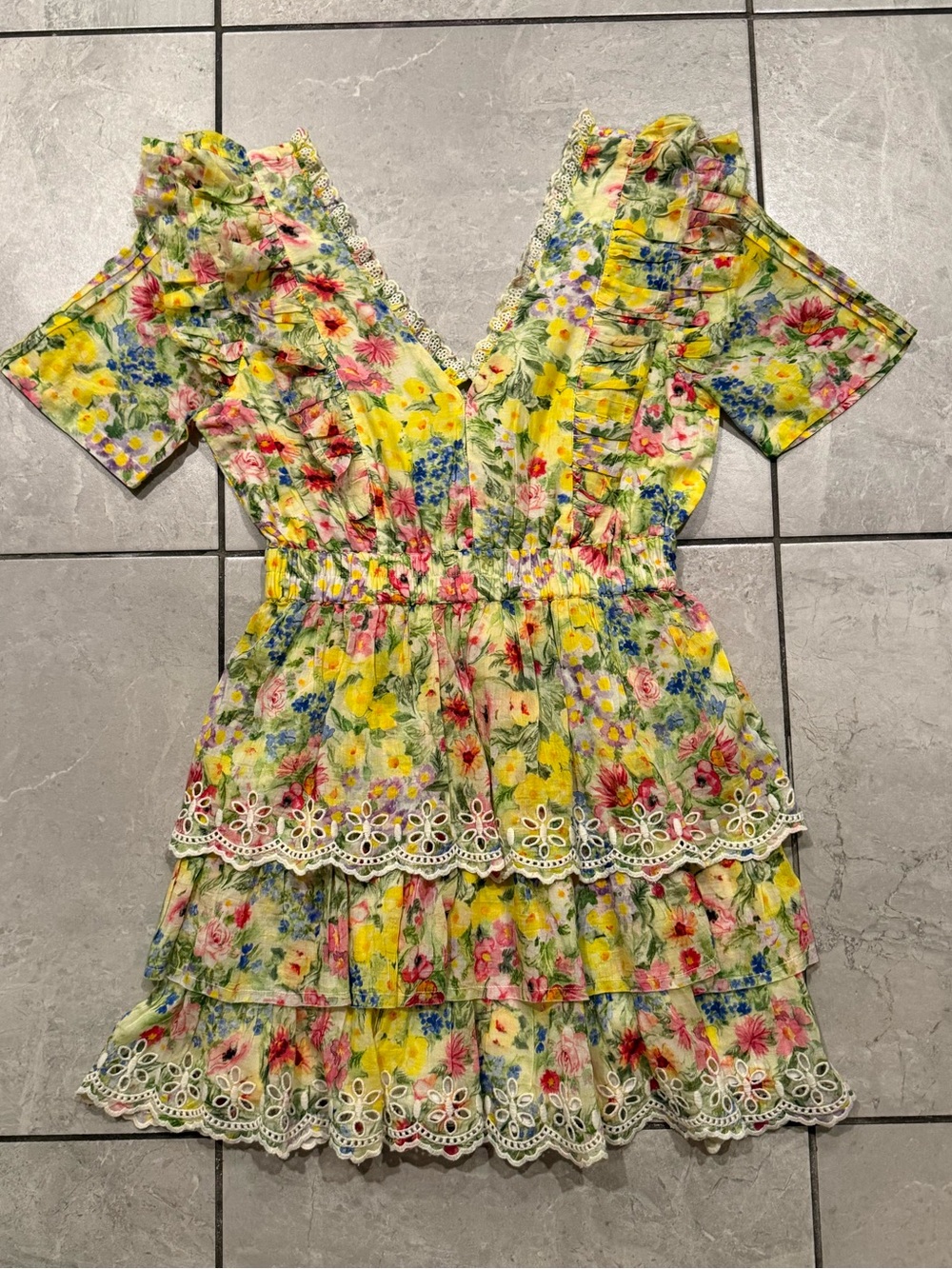 INTERMIX Yellow Floral Ruffle Tiered Dress